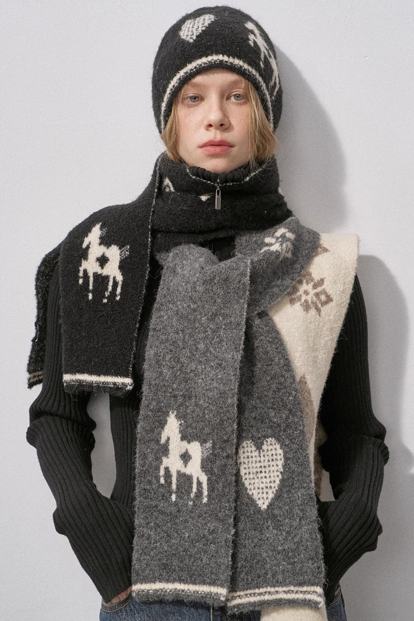 Love Pony Knitted Plush Warm Hat Scarf Set-Up
