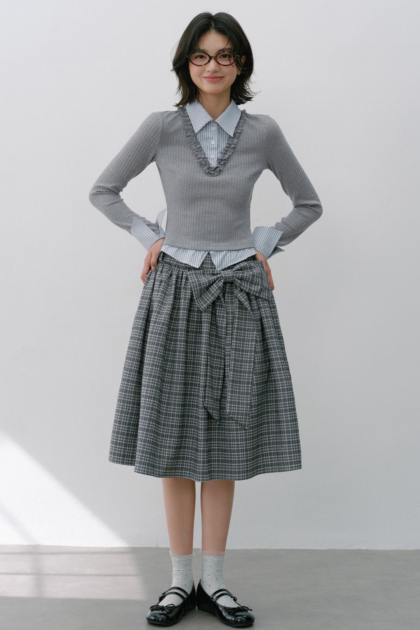 Gray Knit Patchwork Vertical Striped Fungus Edge Top