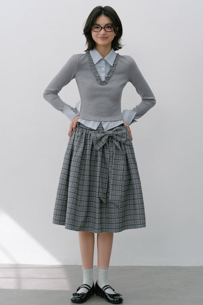 Gray Knit Patchwork Vertical Striped Fungus Edge Top