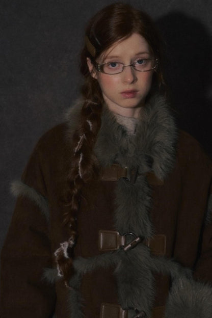 Integrated Fur Collar Horn Button Jacket