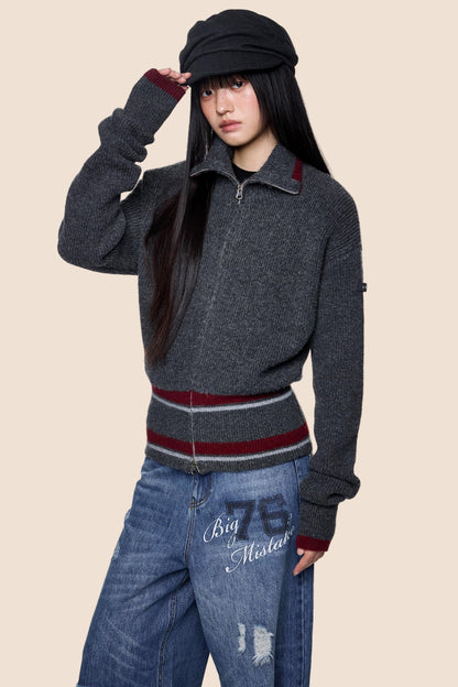 Stand Neck Stripe Sweater Jacket