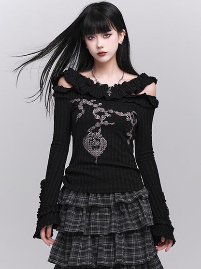 Ghost girl early autumn wear sweet and spicy chic top, black off-the-shoulder knit top, women's long sleeves, beautiful one-shoulder