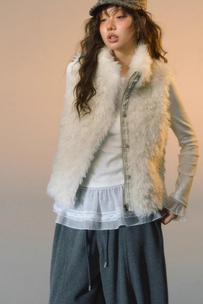 Plaid Patchwork Lamb Wool Reversible Vest