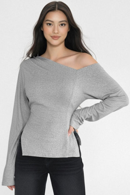 Gray Asymmetrical Shoulder-Cut Top
