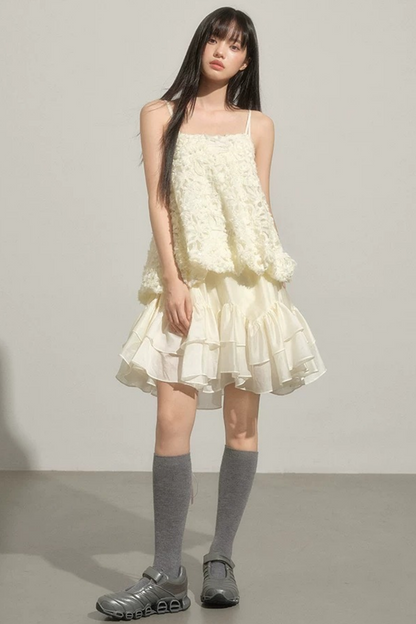 Layered Milk-White Floral Dress Set