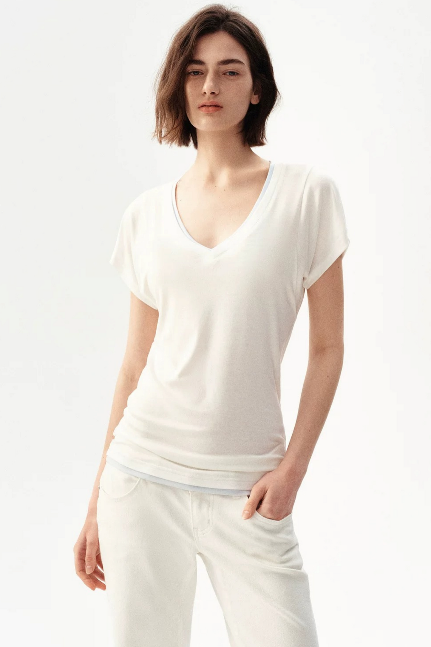 Minimalist Colorblock Deep V-Neck Wool Blend T-Shirt