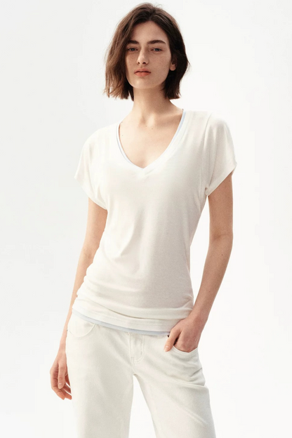 Minimalist Colorblock Deep V-Neck Wool Blend T-Shirt