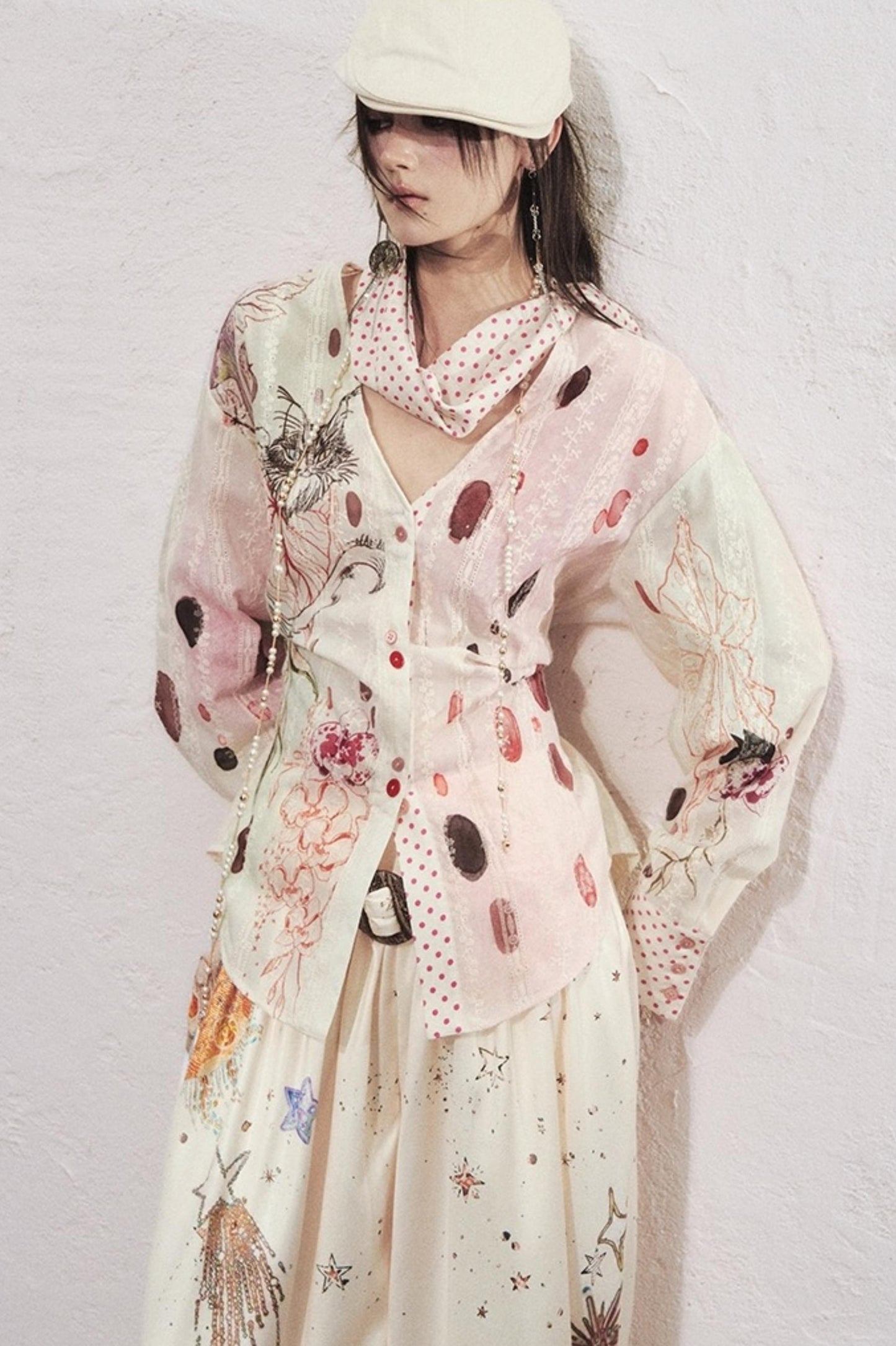 Watercolor Cat Polka Dot Lace-Up Shirt