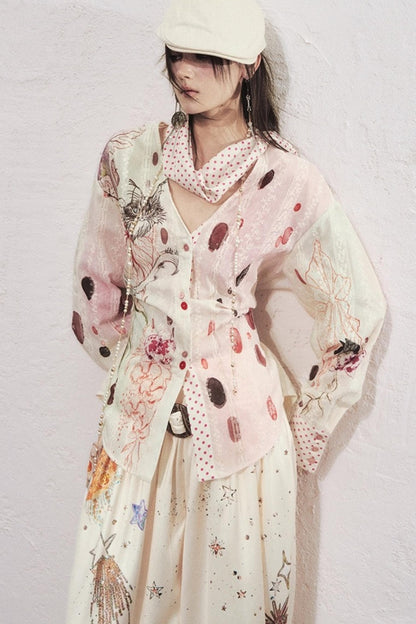 Watercolor Cat Polka Dot Lace-Up Shirt