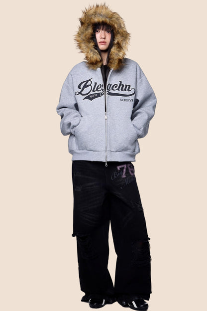 Embroidered Fur Collar Hooded Cardigan