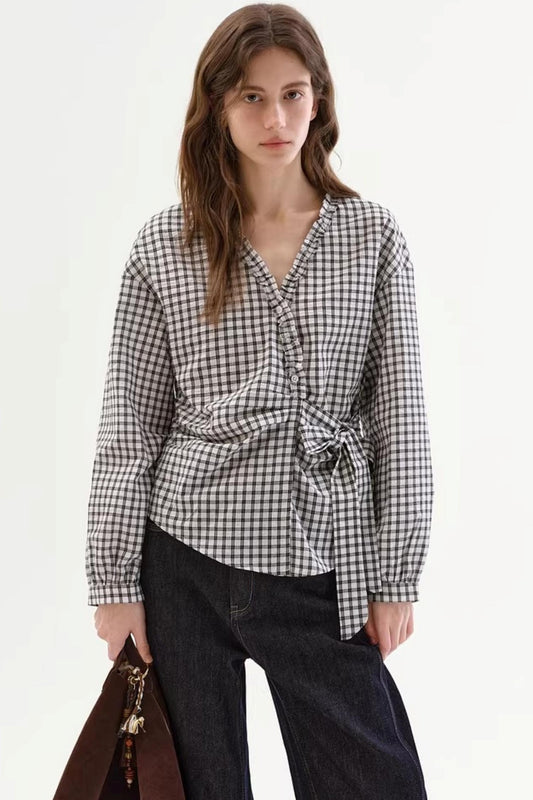 Plaid Ruffled V-Neck Shirt