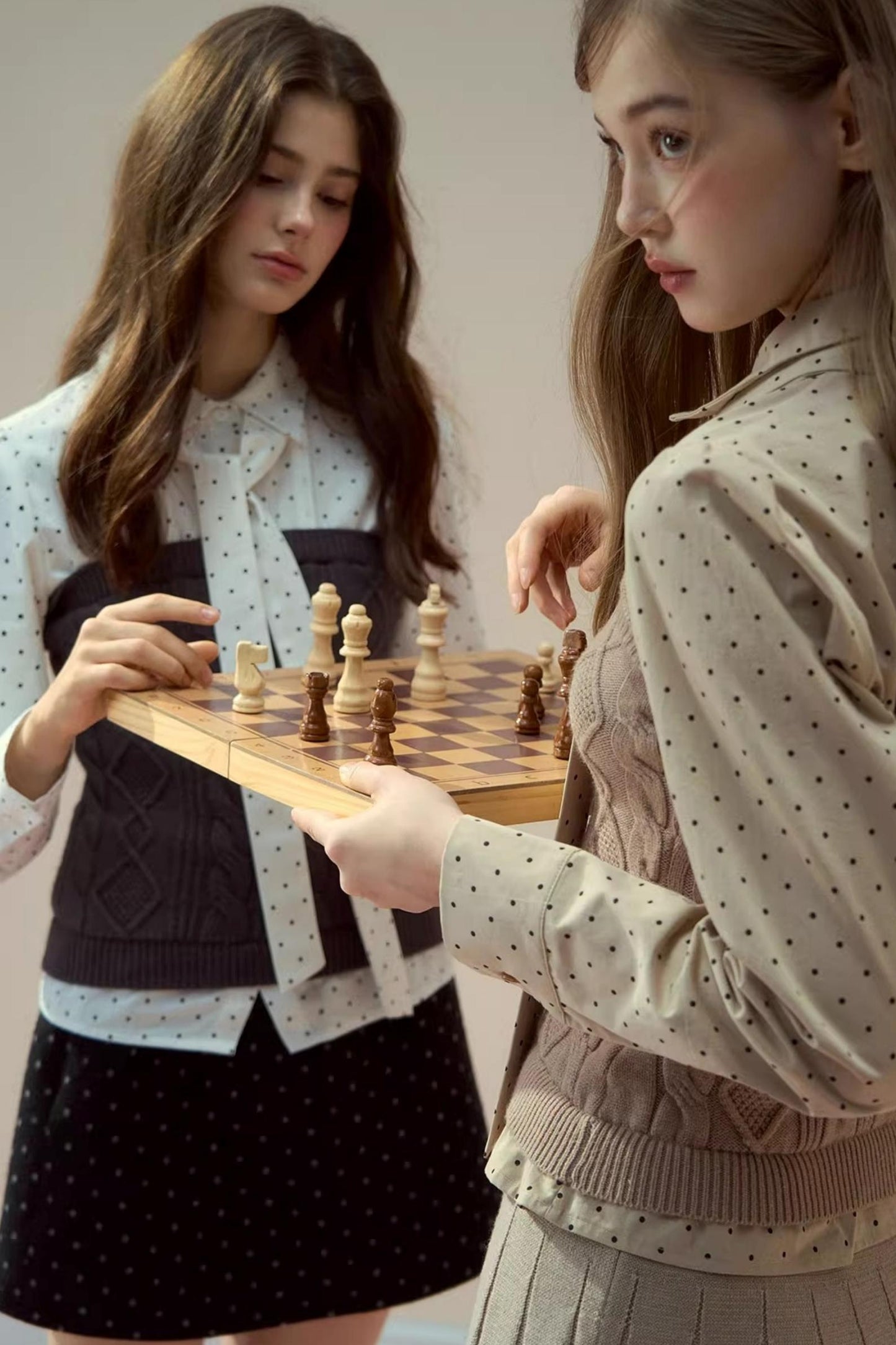 Polka Dot Patchwork Shirt And Skirt Set-Up