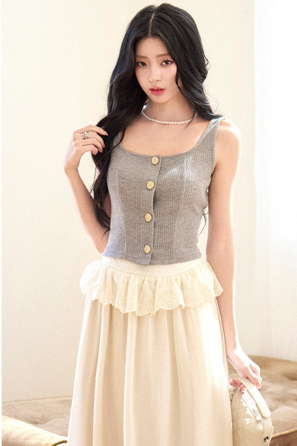 Lace Collar Gray Suit Set-Up