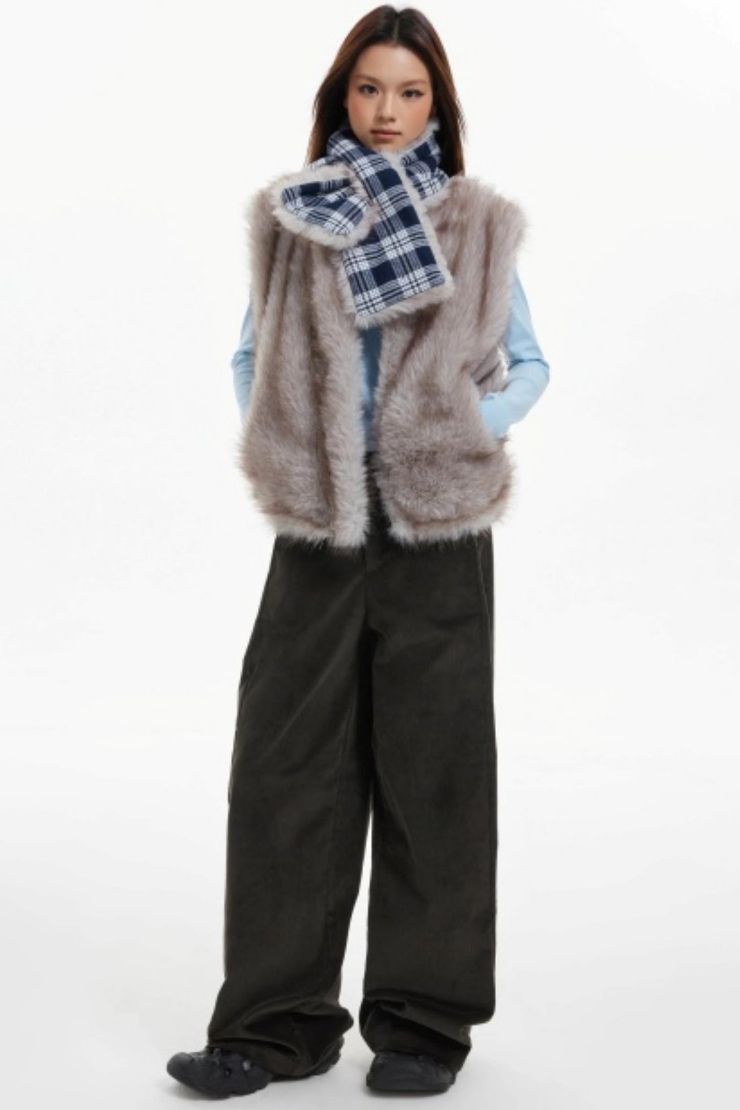 Plaid Lined Fur Vest Reversible Jacket