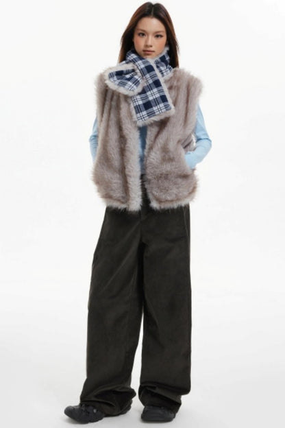 Plaid Lined Fur Vest Reversible Jacket