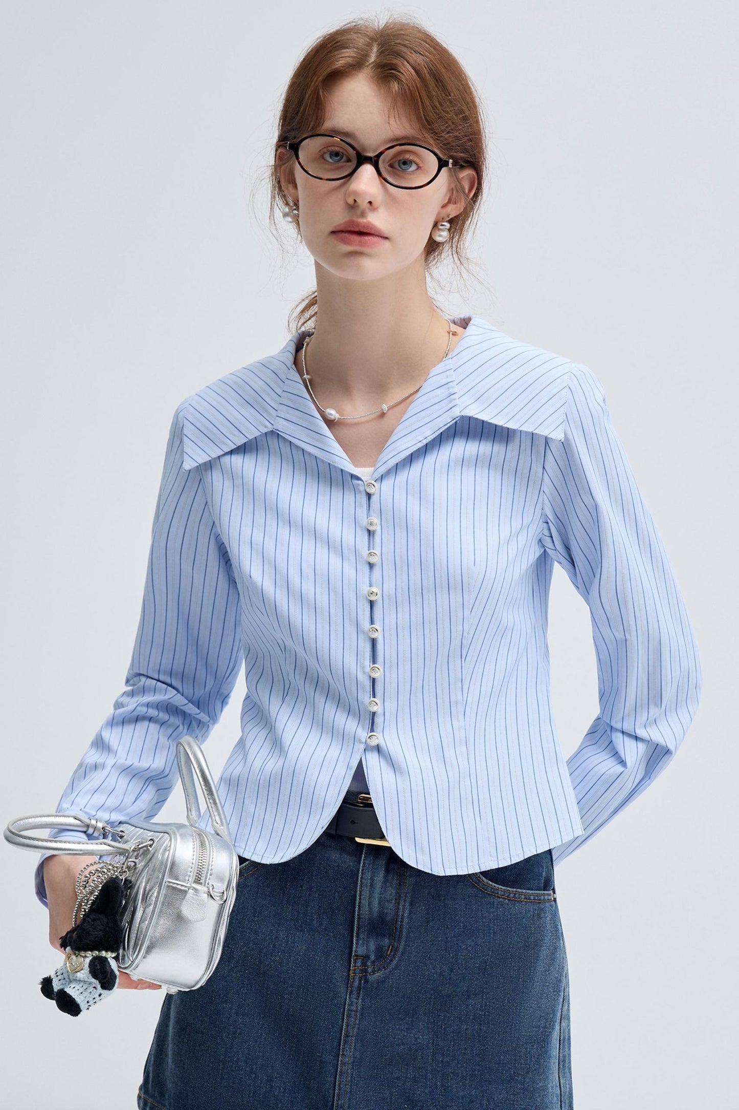 Spring Fall Blue Stripe Waist Shirt