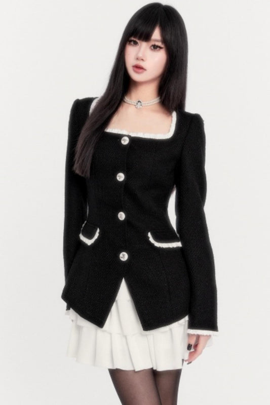 Retro Tweed Waist Jacket Dress Set-Up