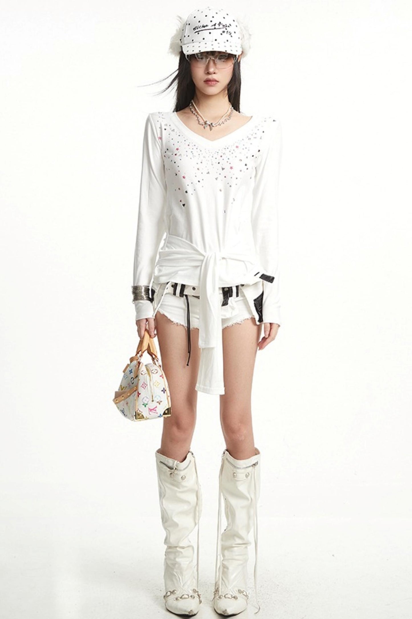 White Hot Girl V-Neck Long Sleeve T-Shirt