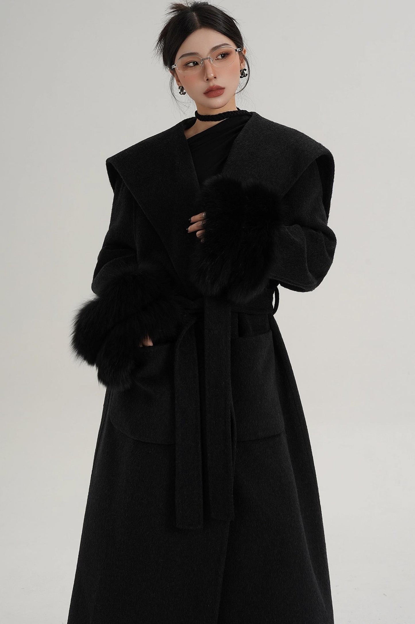 Fox Sleeve Wool Coat