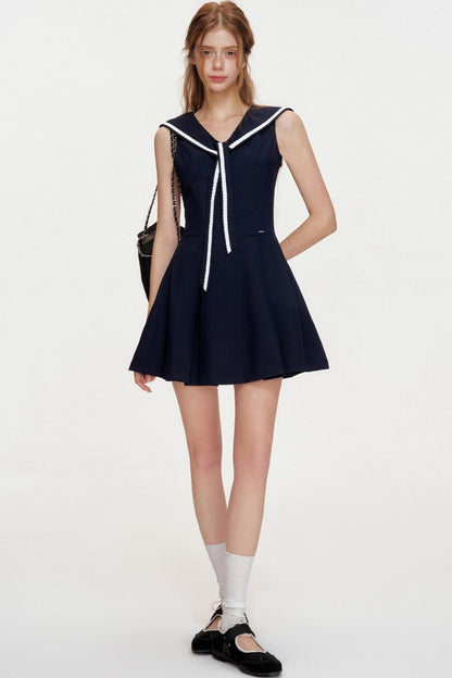 NavyCore Floral Tie Waist Dress