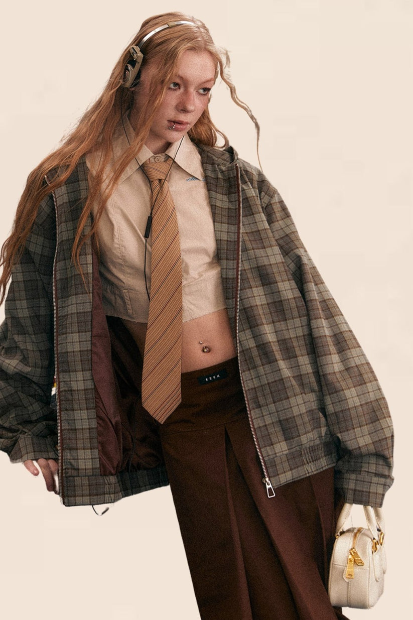 Casual Plaid Pocket Fluffy Contrast Hooded Outerwear(7 Colors)