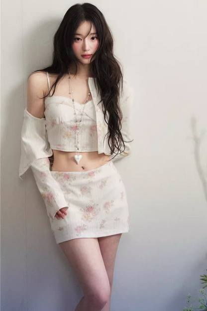 Retro Floral Knitted Cardigan Set-Up