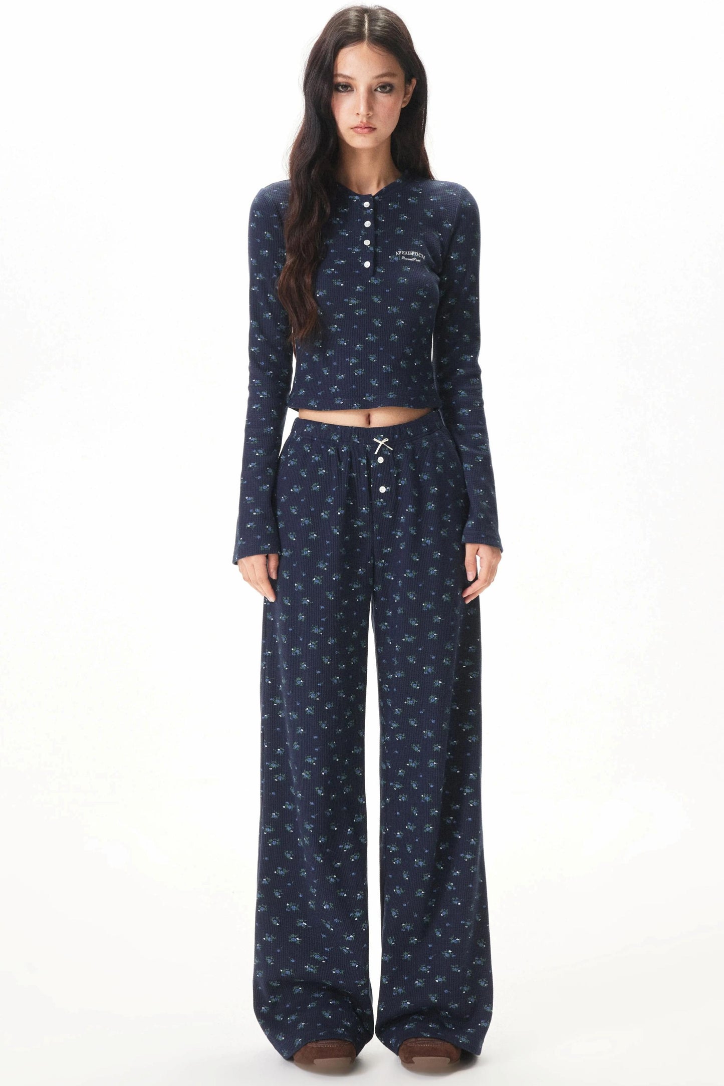 Floral Placket Blouse and Pants Set-Up