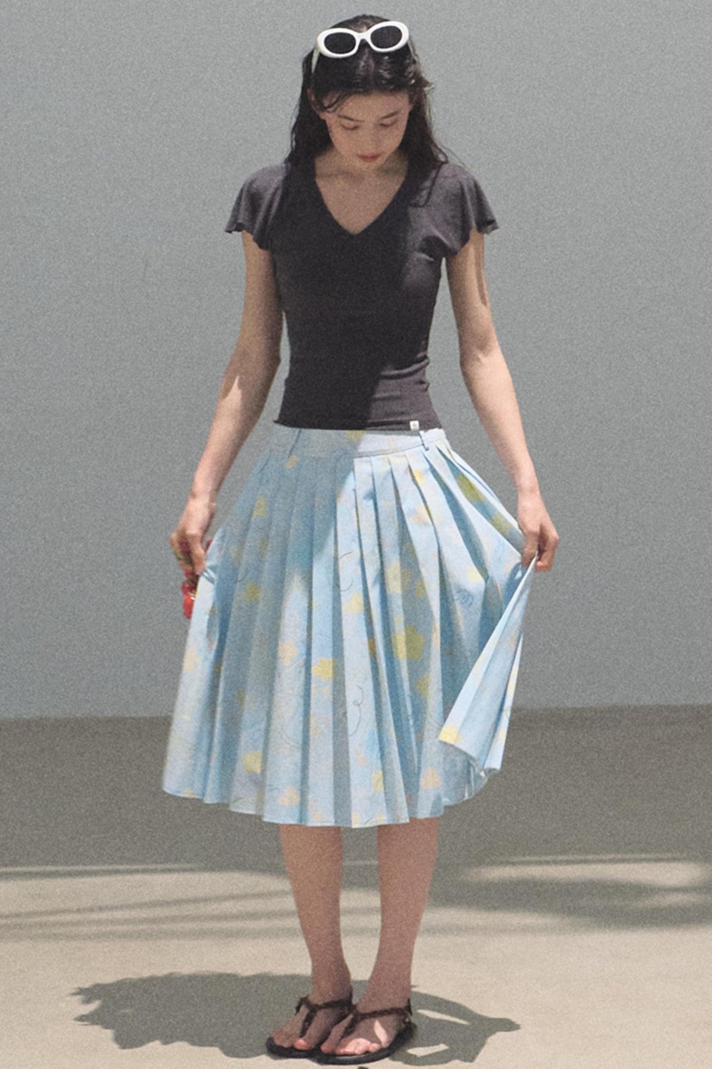 Running Waves Cotton Poplin Pleated Midi Skirt