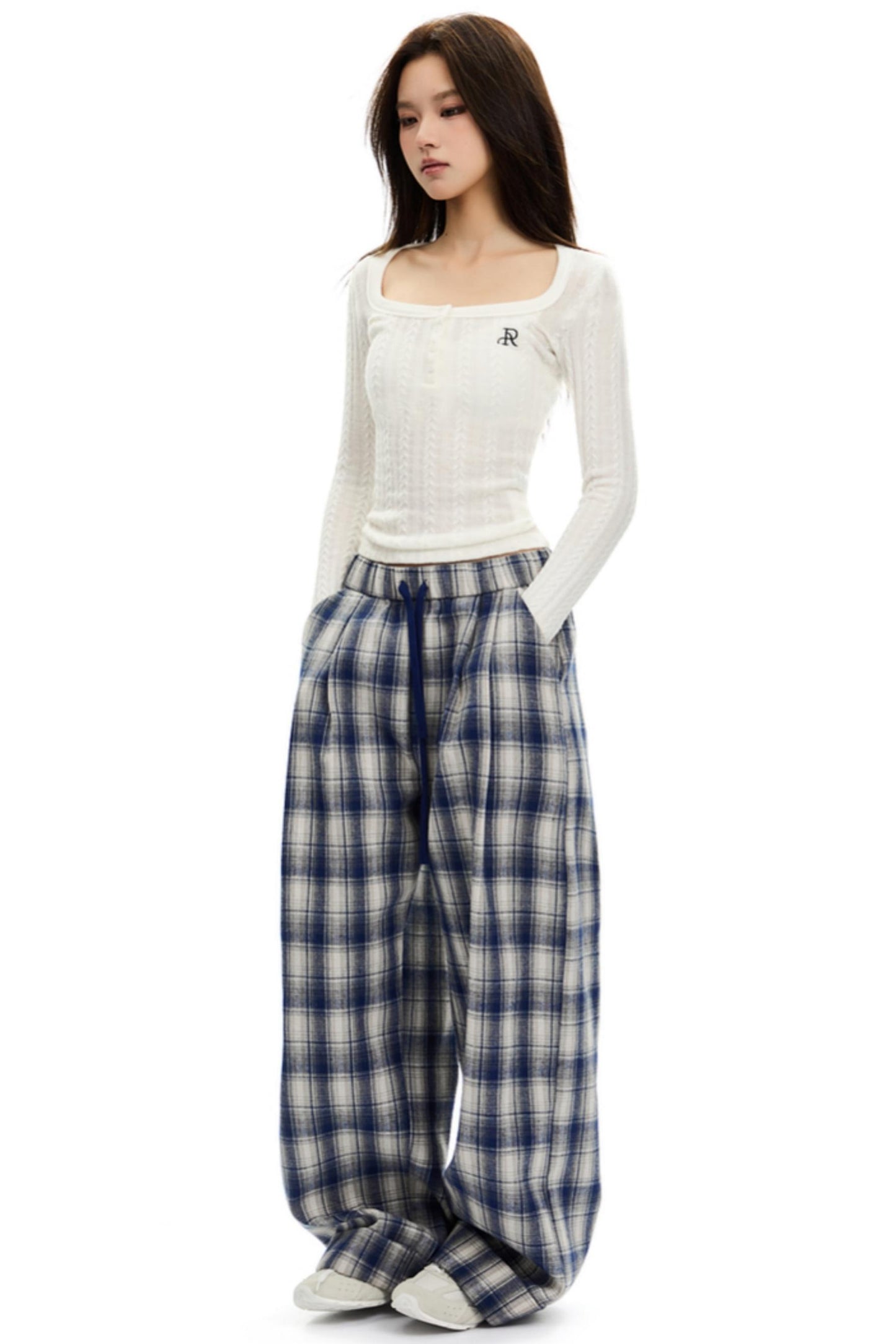 Brushed Plaid Elasticated Waist Pants