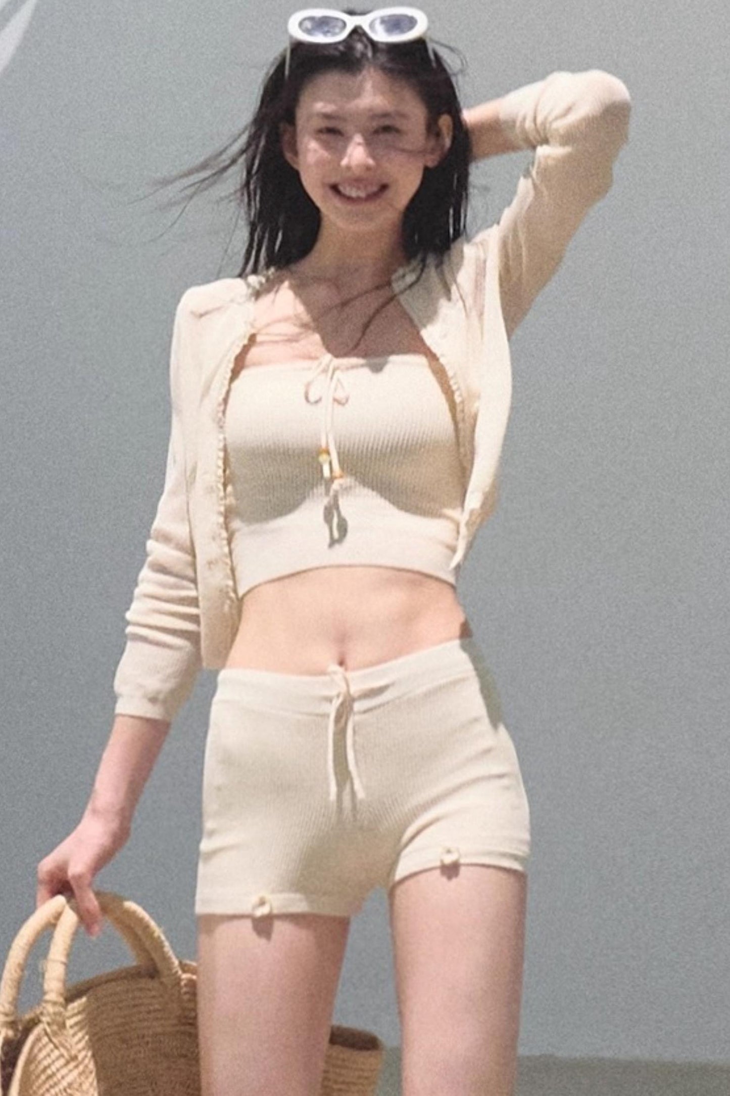 Apricot Blossom Ice Silk Knitted Cardigan Shorts Set-Up