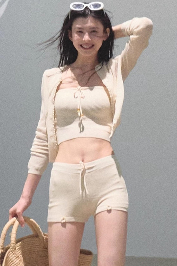 Apricot Blossom Ice Silk Knitted Cardigan Shorts Set-Up