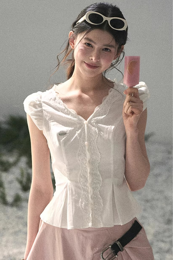 French V-Neck Lace Blouse