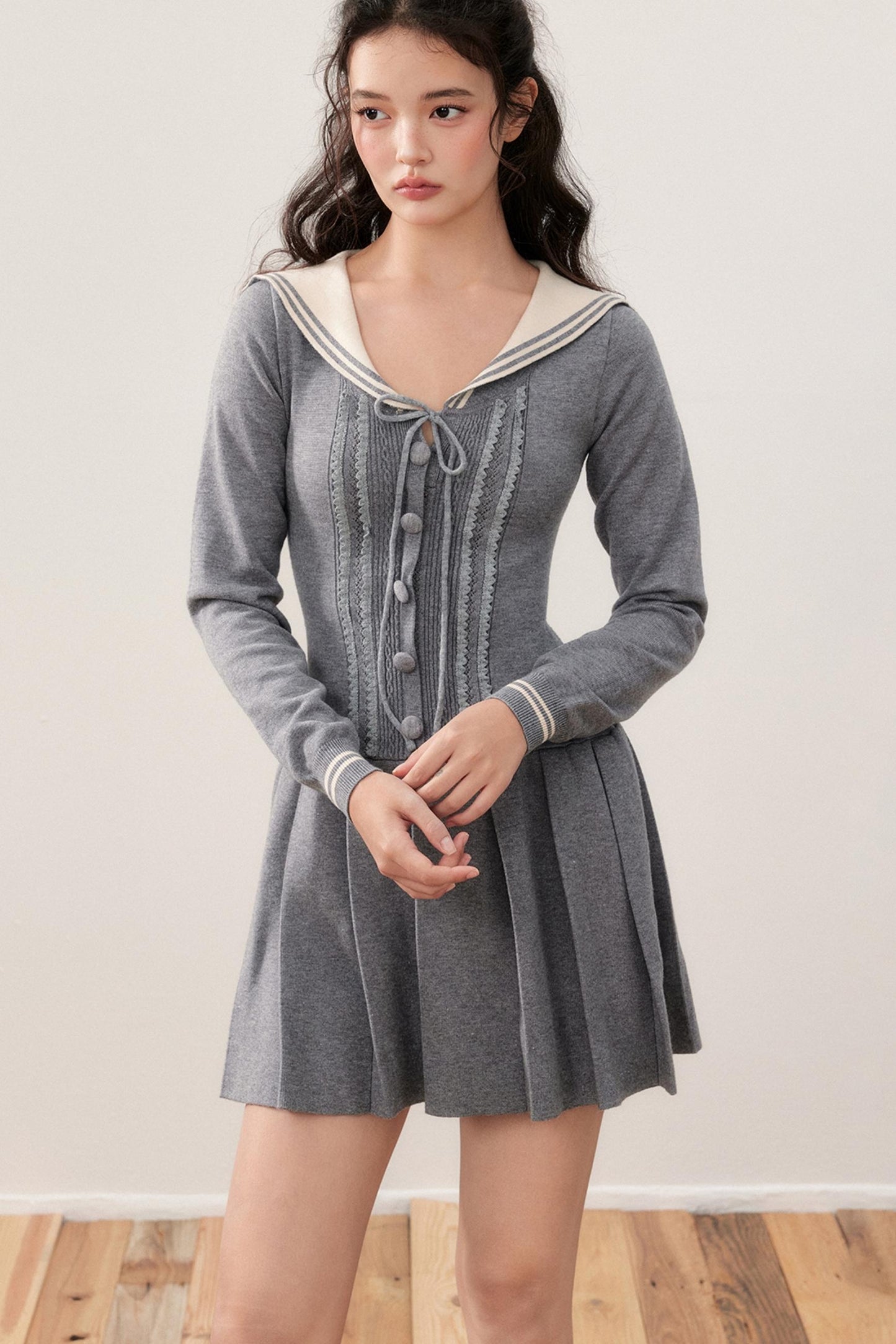 Navy Collar Sailor Sweet Lace Pleated Dress