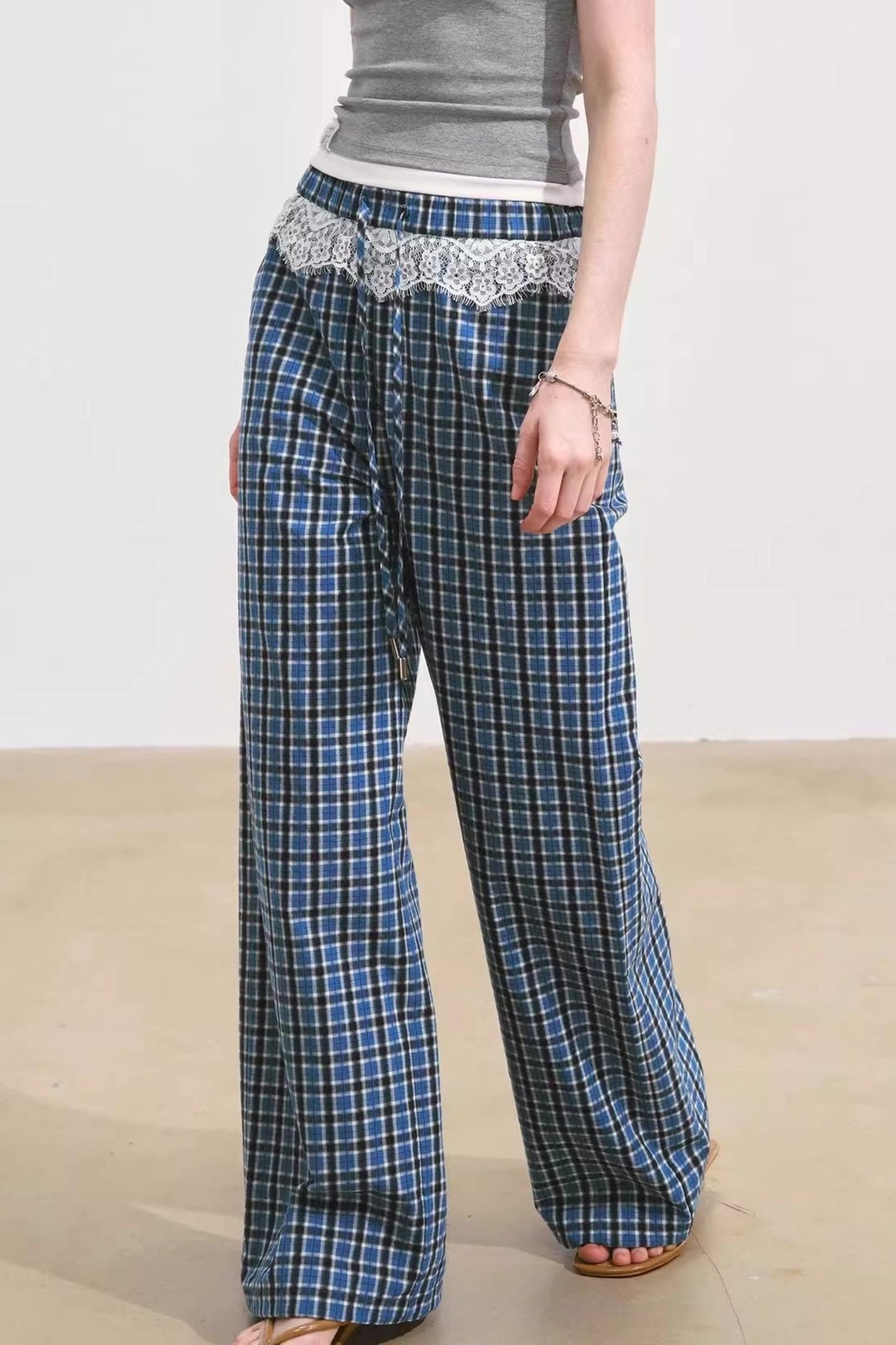 Blue Lace-Trimmed Plaid Wide-Leg Pants