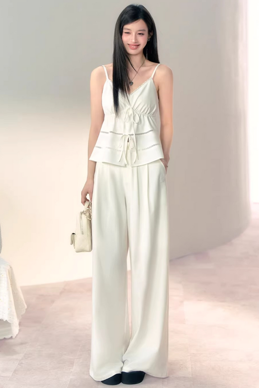 Bamboo Texture Suspender Pants Set-Up