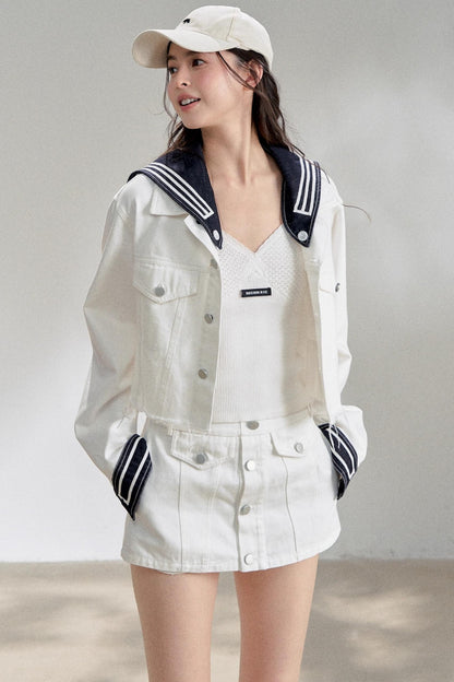 White Navy Short Denim Jacket Set-Up