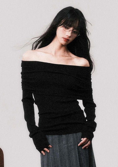 LULUSWINGS 24AW Slouchy French 100 Wool Yangtze Yarn One-shoulder Sweater Women's Slim Knit