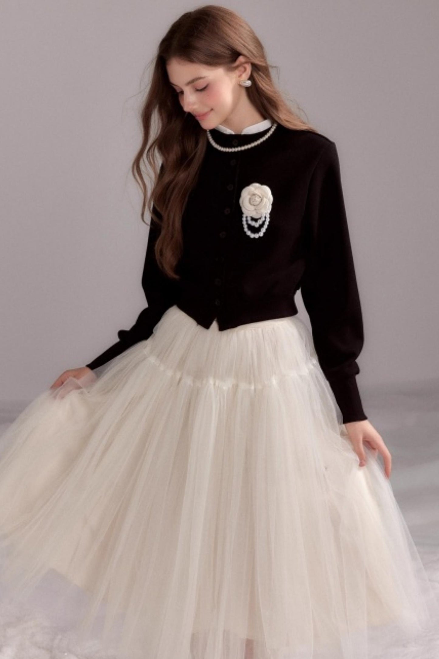 Button-Knit Crew Neck Cardigan