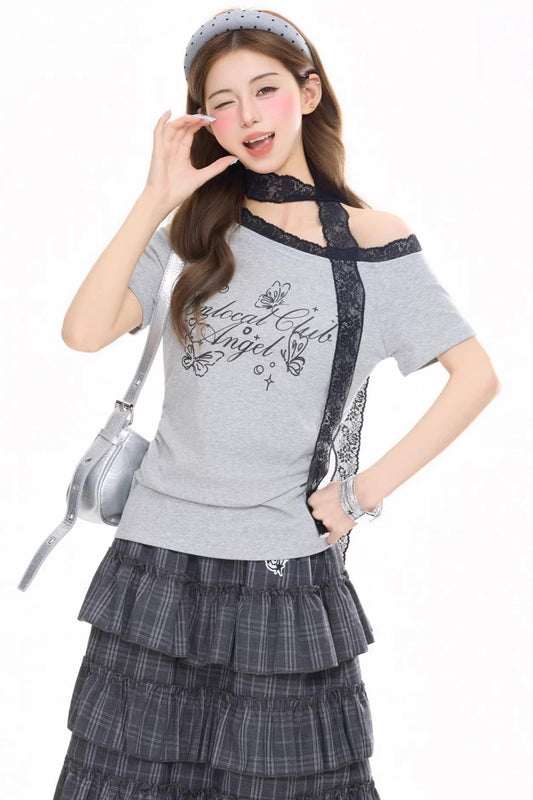 Lace Trim One-Shoulder Top