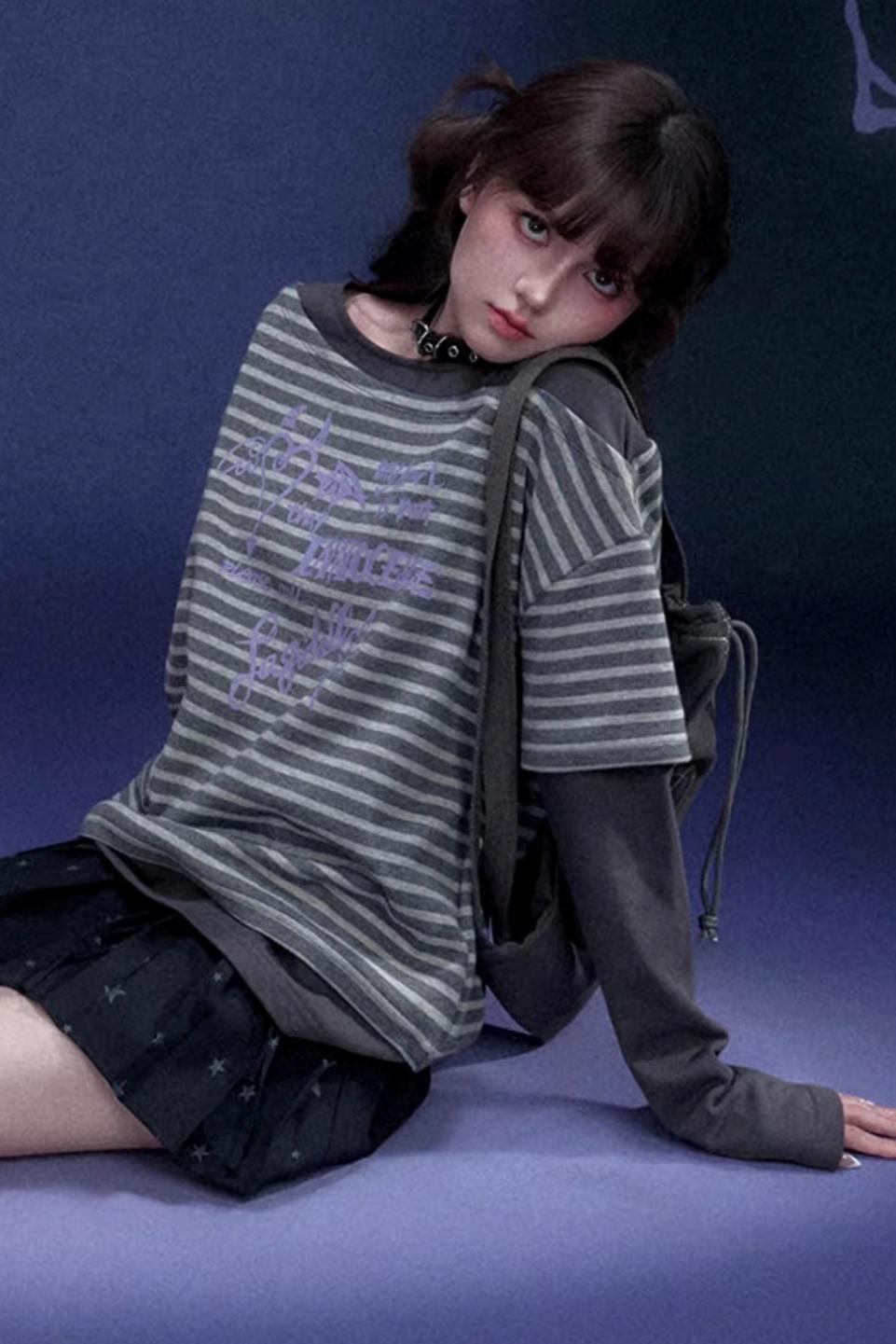Dark Gray Striped Graffiti Print Top