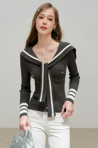 Navy Preppy Color Block Knit Top
