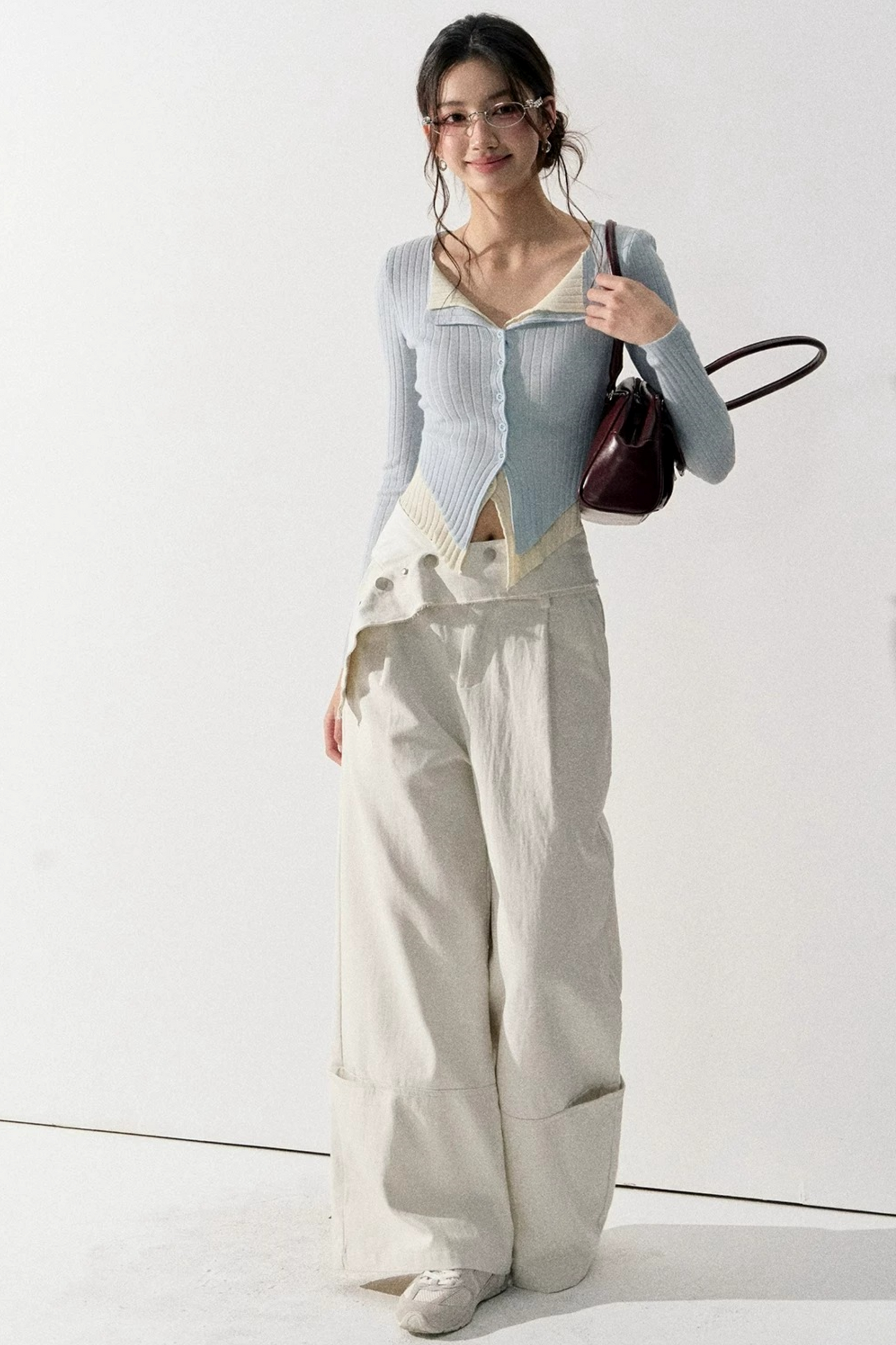 V-Neck Color-Blocked Knit Sweater