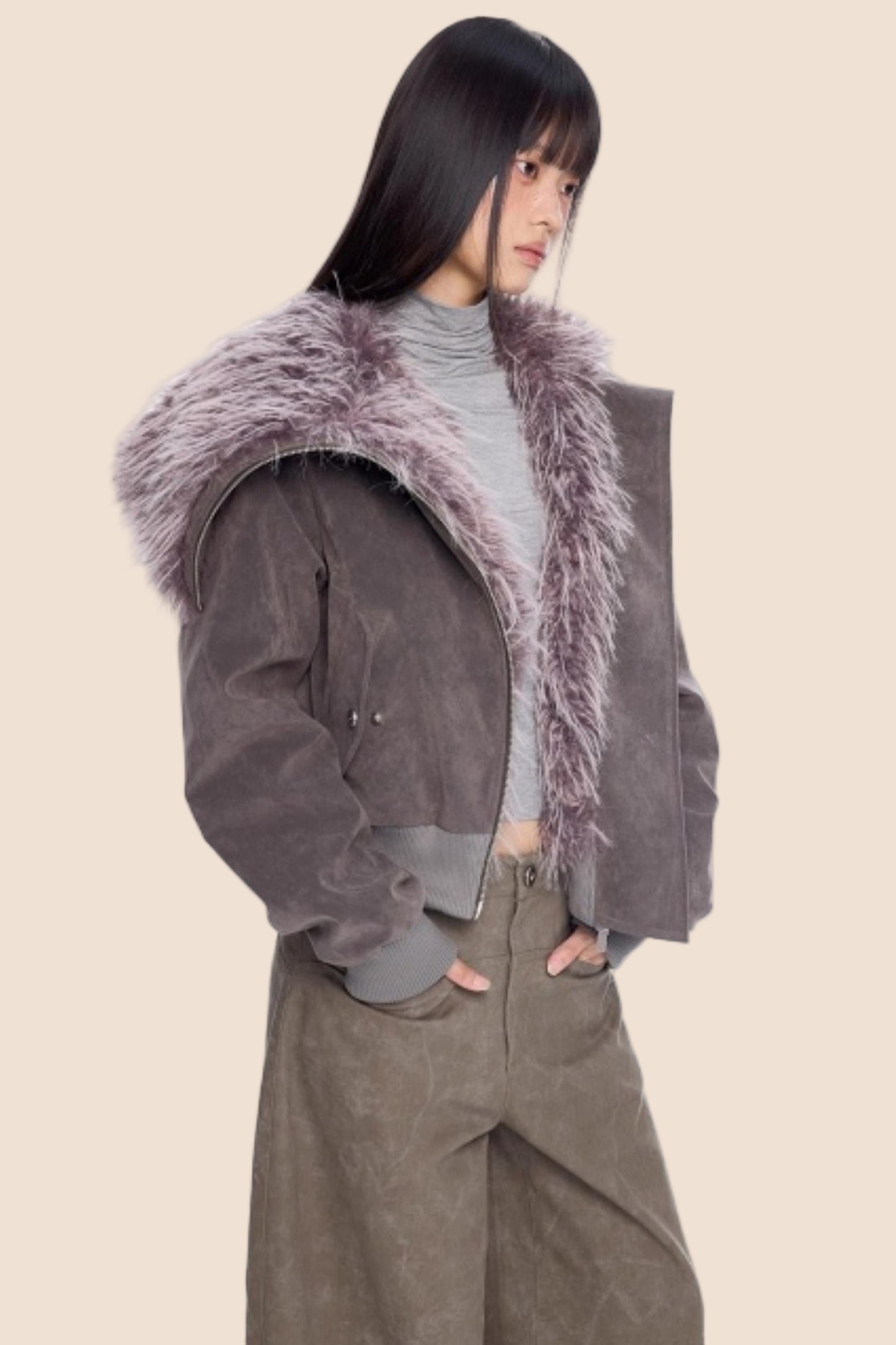 Faux Suede Fur Collar Coat