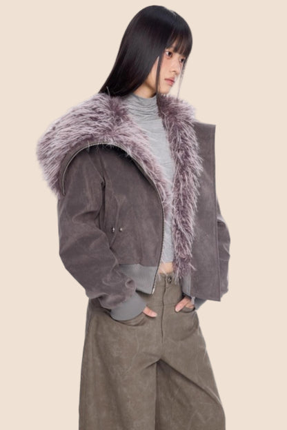 Faux Suede Fur Collar Coat