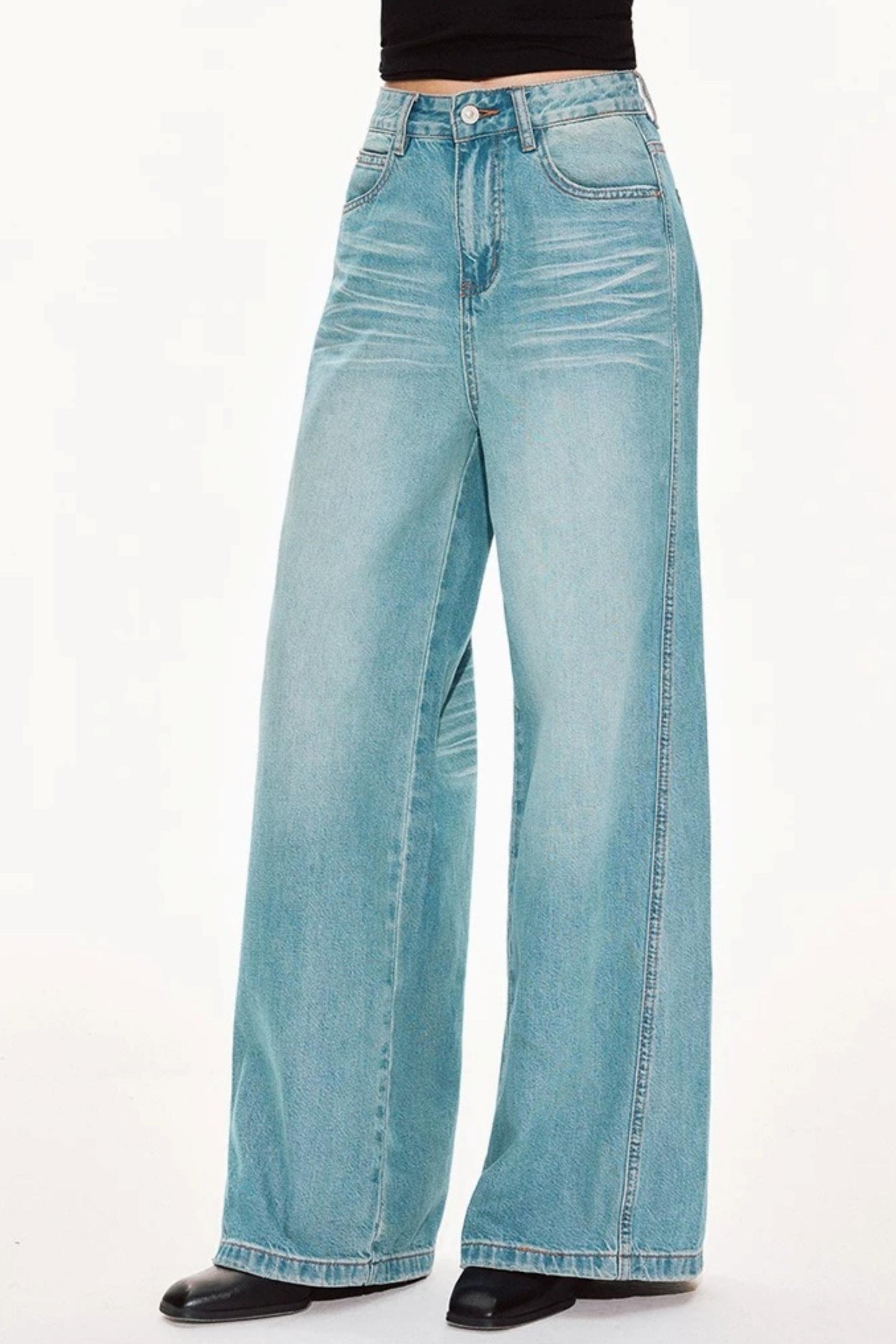 Washed Denim Wide-Leg Pants