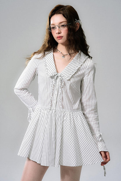 Striped Lace Bow Tie Long Sleeve Dress