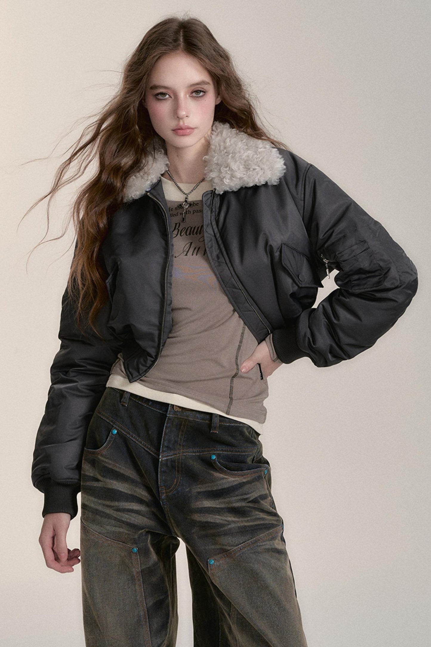 FUR COLLAR CROPPED BOMBER JACKET