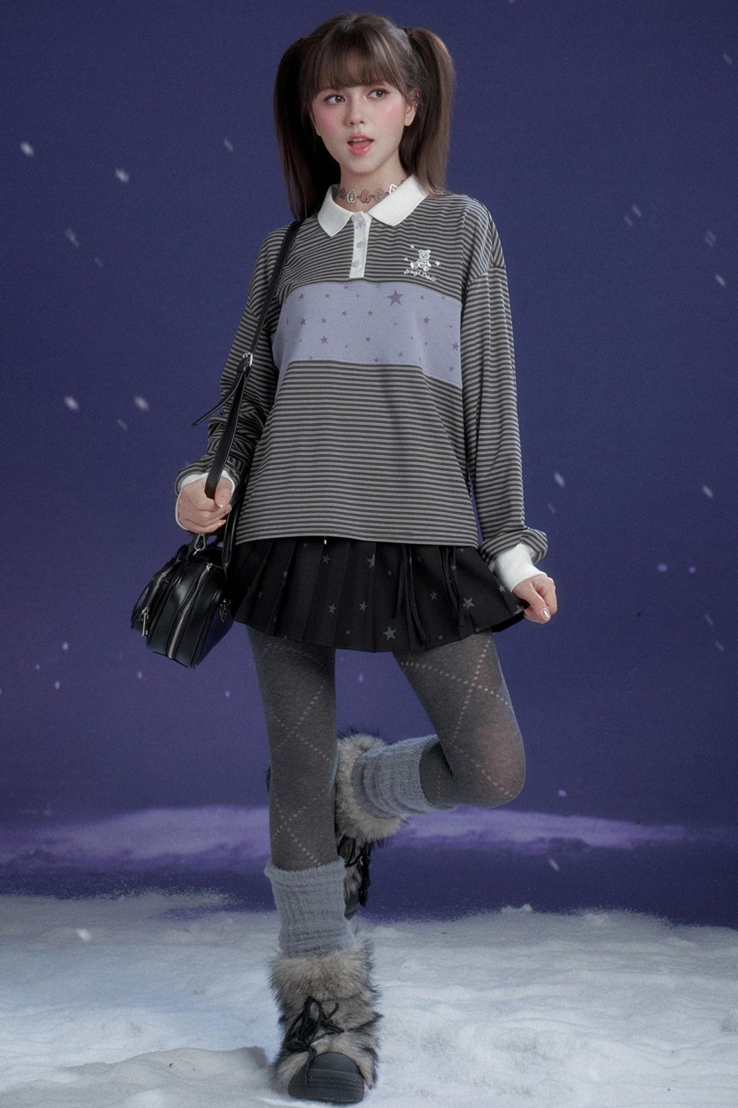 Energetic Gray-Purple Striped Polo Top