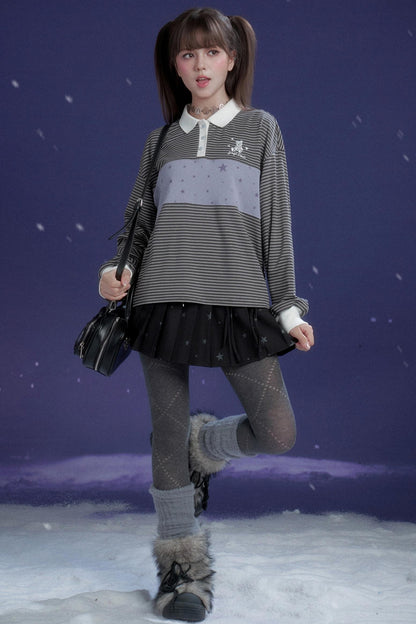 Energetic Gray-Purple Striped Polo Top