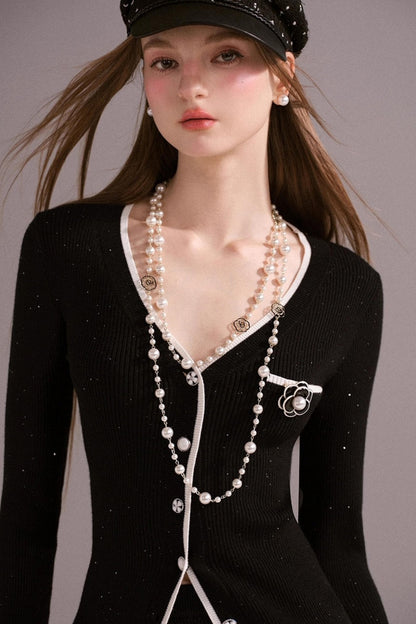 Hot Girl Contrast Knit Cardigan Suit Set-Up